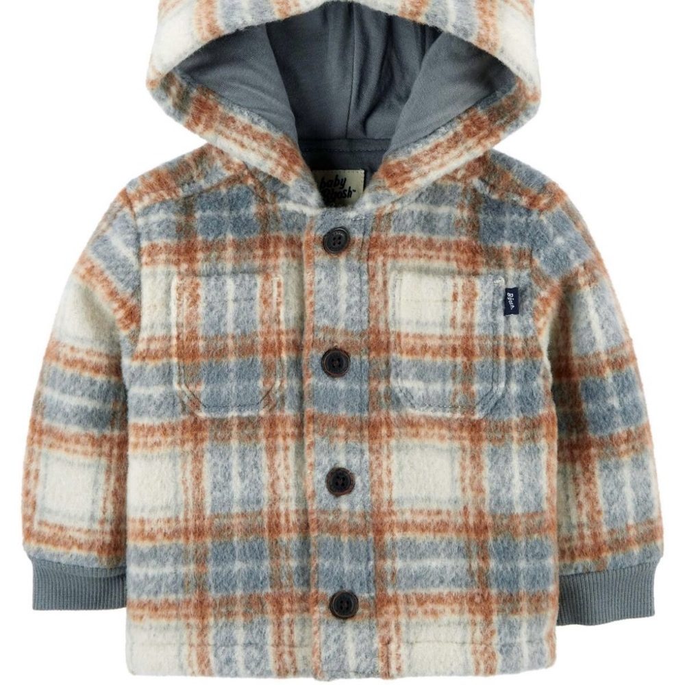 Oshkosh B'gosh Baby Boy 18 Months Gray Tan Plaid Hooded Fleece Button Jacket